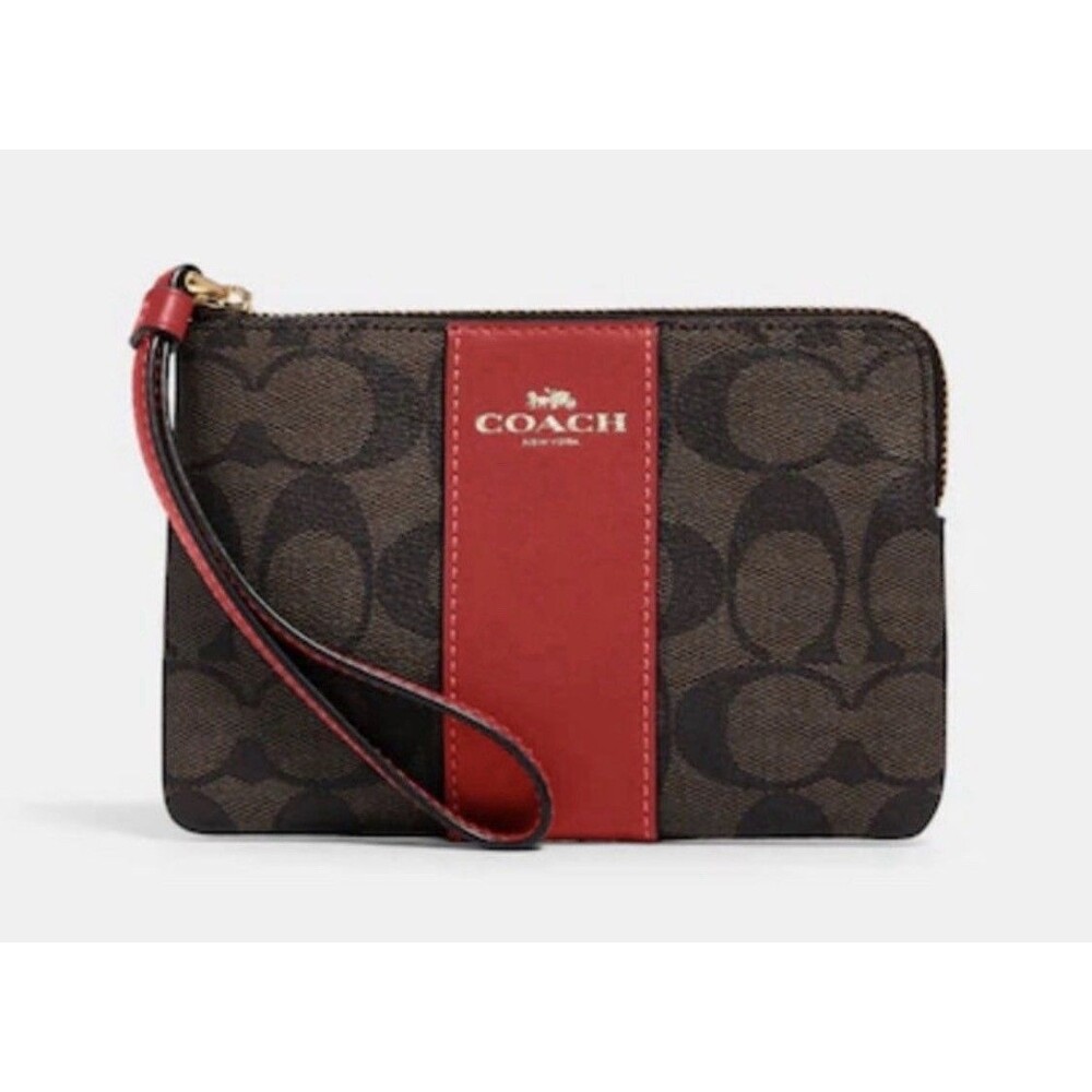 COACH Corner Zip Wristlet In Signature Canvas Style 58035 Im/Brown 1941 Red-NWT